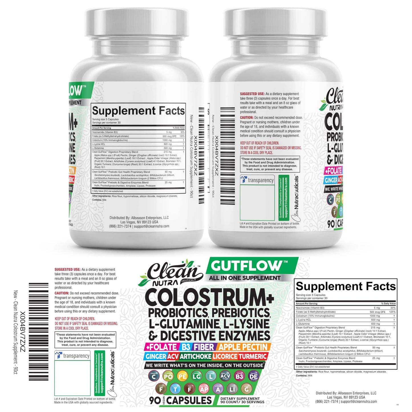 Clean Nutraceuticals Colostrum Supplement Capsules Probiotics Pills Prebiotics, L-Glutamine, Digestive Enzymes, Folate, Fiber, ACV, Turmeric, Apple Pectin and Turmeric Pills Clean Nutraceuticals