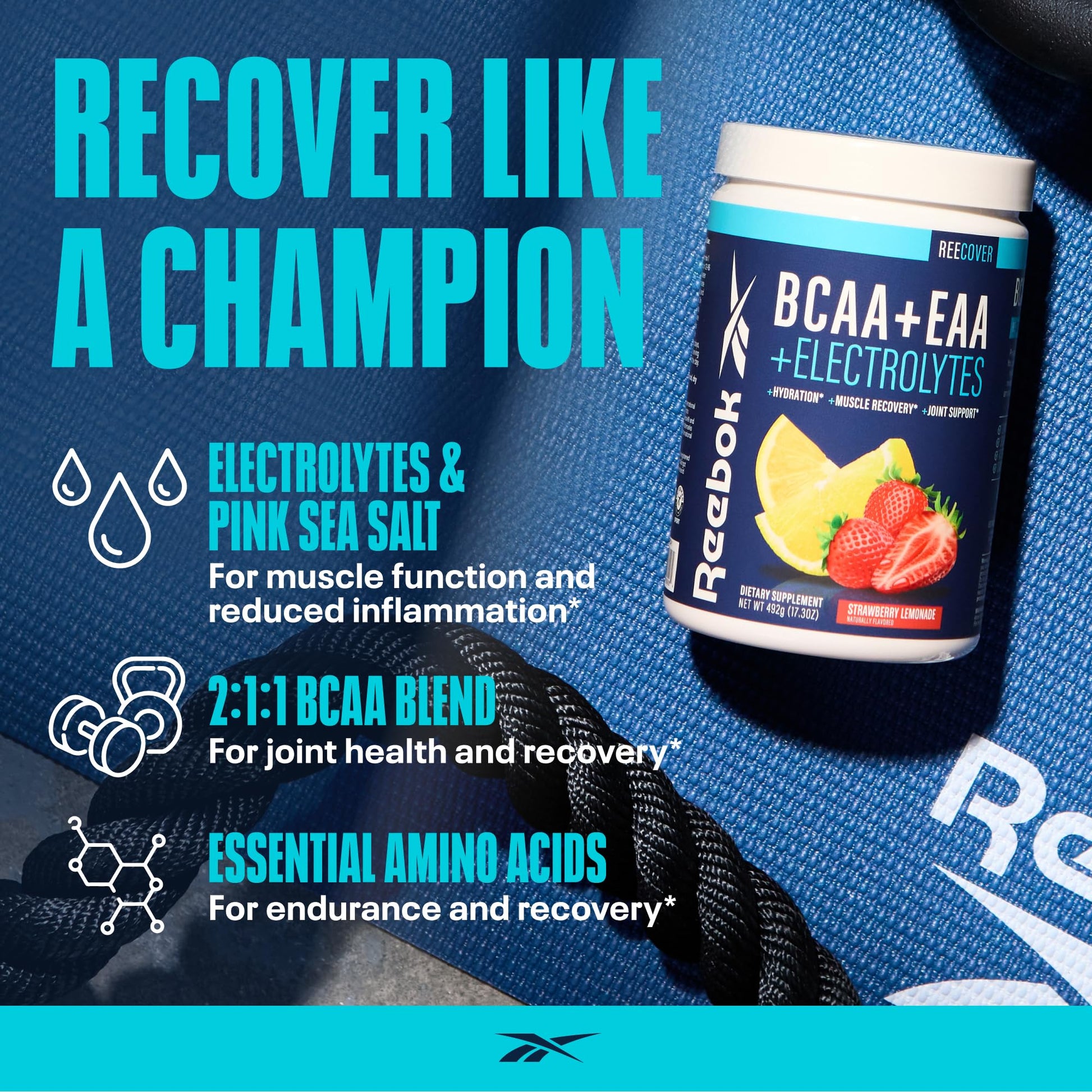 Reebok REEcover Amino Acids + Electrolytes | 8g EAAs, 5g BCAAs, Hydration Matrix | Muscle Recovery, Strength | Post-Workout Support Reebok buy australia supplements