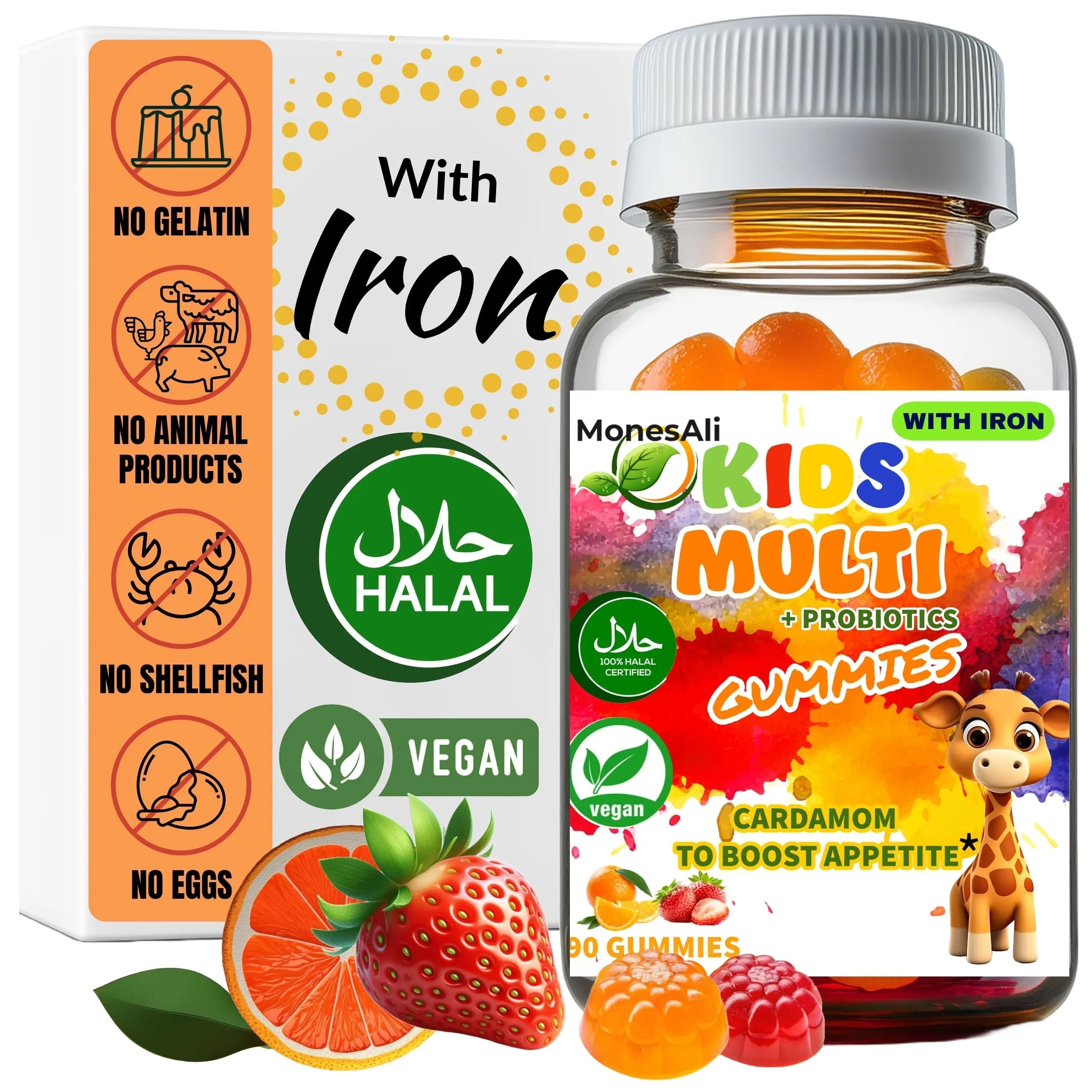MonesAli Kids Multivitamin Gummies with Iron & Probiotics – Vegan, Gelatin-Free, Halal, Orange & Strawberry Flavors, 90 Count MonesAli buy australia supplements