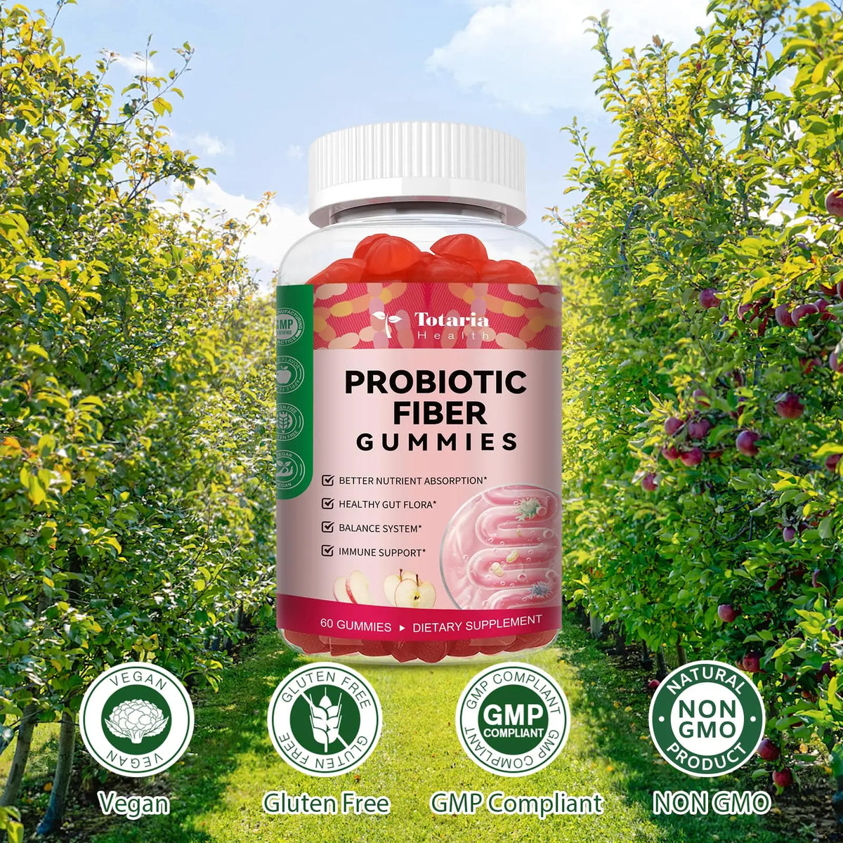 9-in-1 Probiotic Prebiotic Fiber Gummies for Adults & Teens 16G Fiber per Serving, Psyllium Husk Fiber Supplement with 5 Billion CFU Bacillus Coagulans Totaria