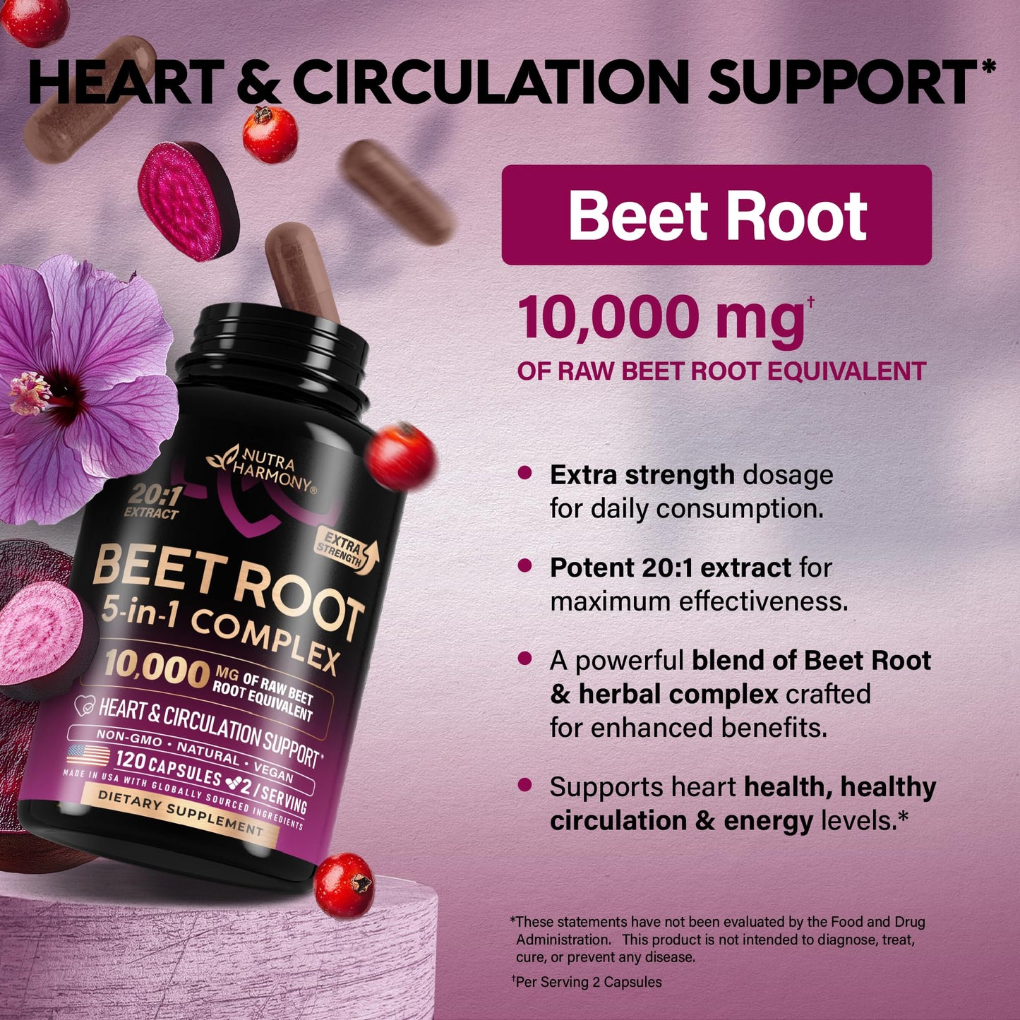 Beet Root 5-in-1 Complex Capsules - Healthy Blood Pressure Support Supplement for Heart & Circulation Support - Olive Leaf, Hawthorn Berry & Hibiscus NUTRAHARMONY