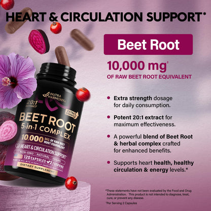 Beet Root 5-in-1 Complex Capsules - Healthy Blood Pressure Support Supplement for Heart & Circulation Support - Olive Leaf, Hawthorn Berry & Hibiscus NUTRAHARMONY