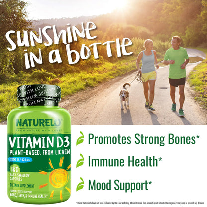 NATURELO Vitamin D - 2500 IU - Plant Based from Lichen - Natural D3 Supplement for Immune System, Bone Support, Joint Health - Vegan NATURELO