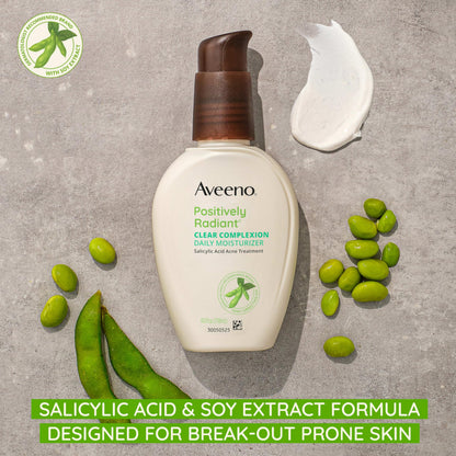 Aveeno Positively Radiant Clear Complexion Face Moisturizer, Acne Facial Moisturizer with Soy and Salicylic Acid for Oily Skin, Hypoallergenic Formula Aveeno