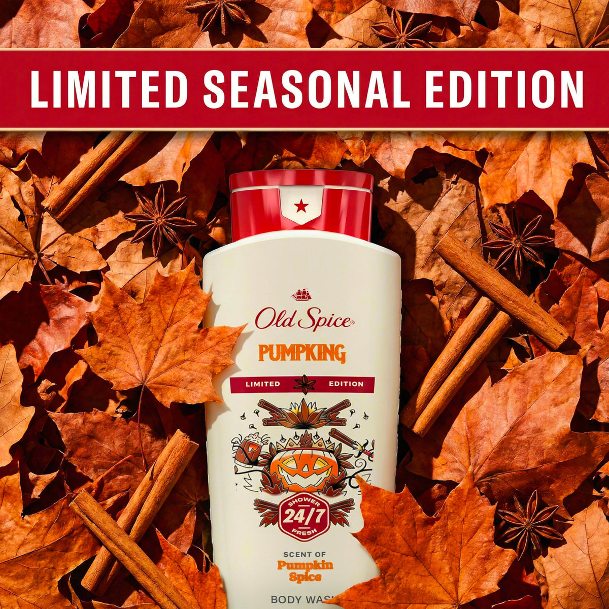 Old Spice Body Wash for Men, Fallidudes Edition, 24/7 Frightful Freshness, Long Lasting Cleanse & Refresh, Rich Lather, PumpKing Pumpkin Spice Scent, 16 oz Old Spice