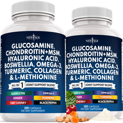 Glucosamine Chondroitin, MSM, Turmeric Curcumin, Collagen, Hyaluronic Acid, Omega 3 – Health Supplement for Men & Women – 240 Count NEW AGE