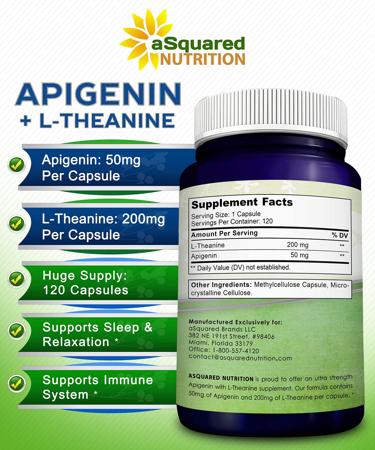 aSquared Nutrition Apigenin 50mg & L-Theanine 200mg - 120 Capsules - Apigenin Supplement Pills for Sleep and Relaxation aSquared Nutrition