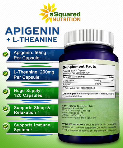 aSquared Nutrition Apigenin 50mg & L-Theanine 200mg - 120 Capsules - Apigenin Supplement Pills for Sleep and Relaxation aSquared Nutrition