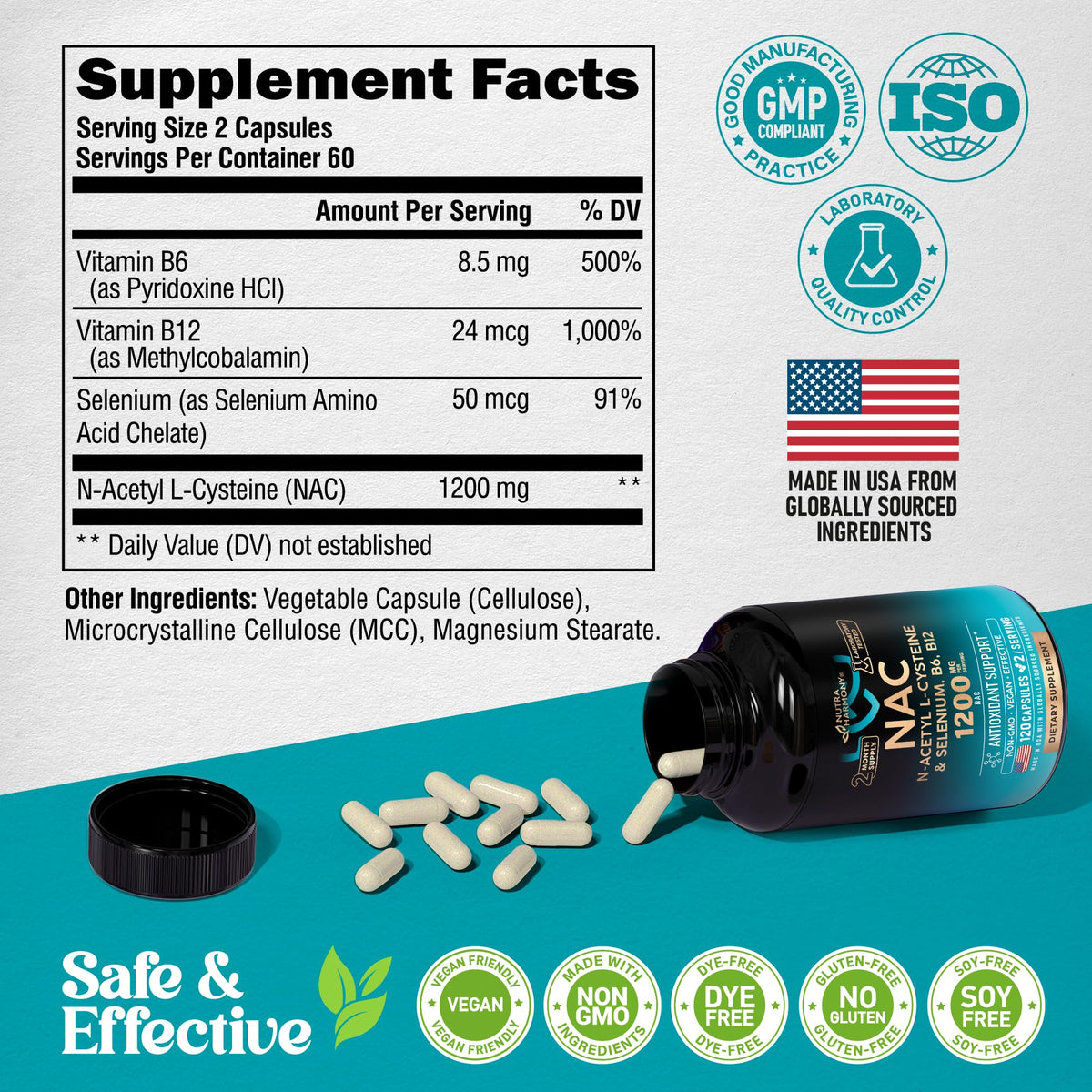 NAC Supplement | Selenium | B6 | B12 - Antioxidant, Immune Support - N Acetyl Cysteine 600 mg per Capsule, 1200 mg per Serving - Made in USA - Non-GMO, Gluten-Free NUTRAHARMONY