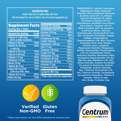 Centrum Multivitamin for Men, Multivitamin/Multimineral Supplement with Vitamin D3, B Vitamins and Antioxidants, Gluten Free Centrum