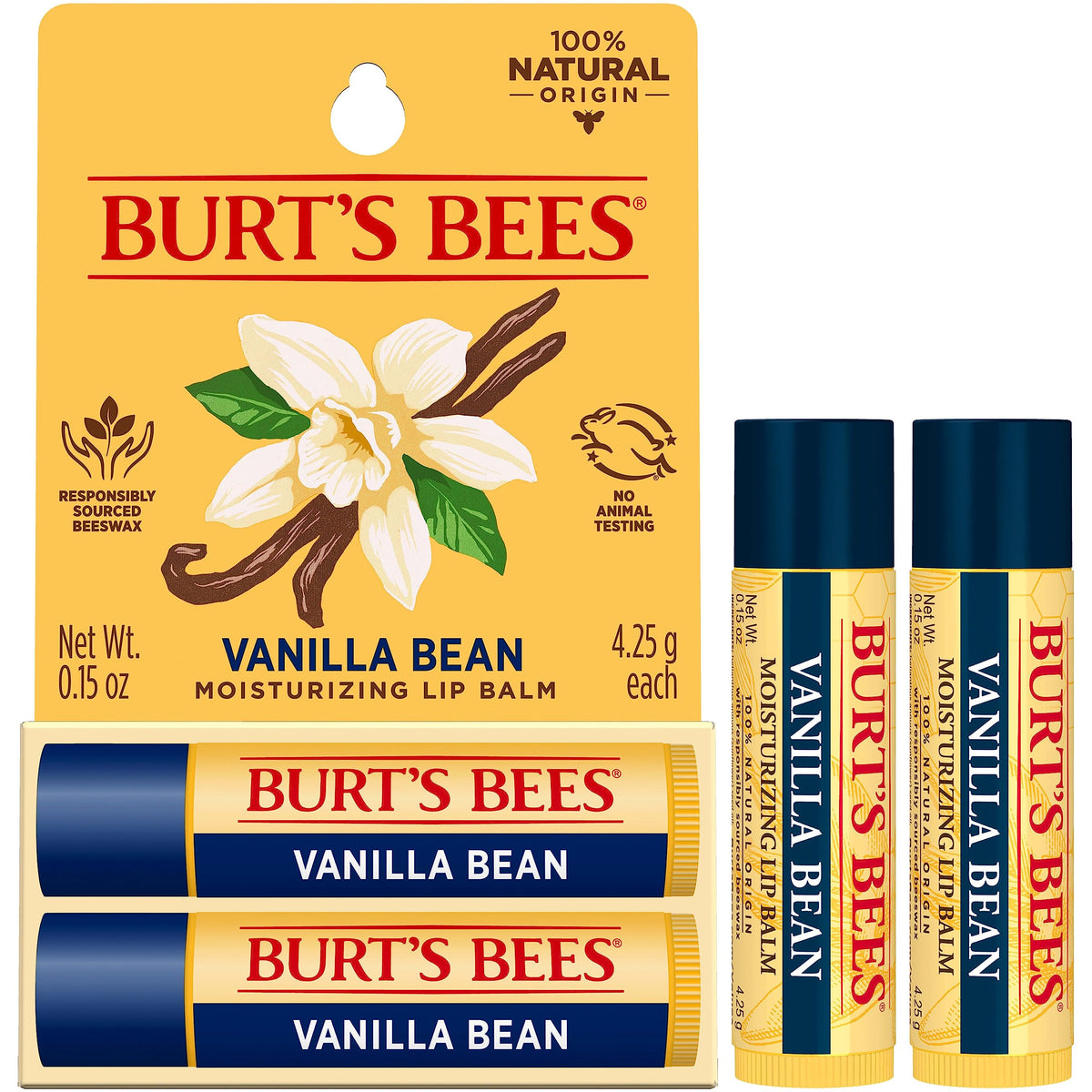 Burt's Bees Lip Balm - Vanilla Bean, Lip Moisturizer With Responsibly Sourced Beeswax, Tint-Free, Natural Origin Conditioning Treatment, 2 Tubes, 0.15 oz. Burt's Bees