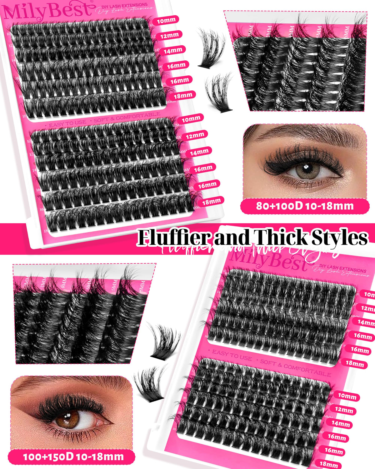 MilyBest 4 Styles Lash Clusters Kit, 864 Pcs D Curl Volume Lashes MilyBest