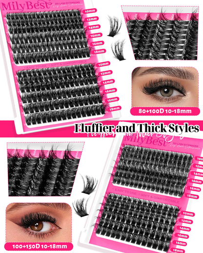 MilyBest 4 Styles Lash Clusters Kit, 864 Pcs D Curl Volume Lashes MilyBest