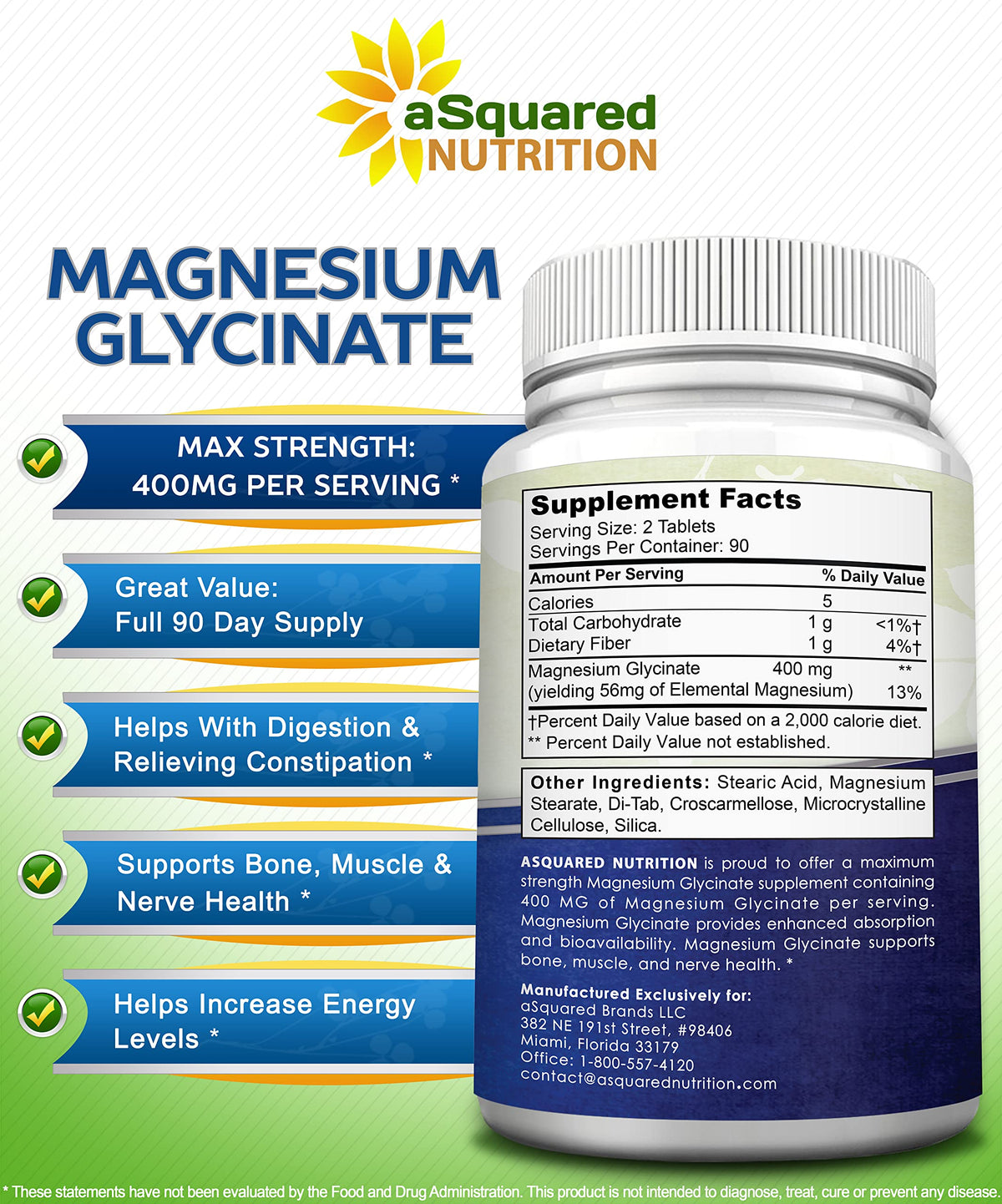 aSquared Nutrition Magnesium Glycinate 400mg - 180 Tablets - Max Strength Magnesium Bisglycinate Supplement -Maximum Bioavailability & Absorption-Non-GMO aSquared Nutrition