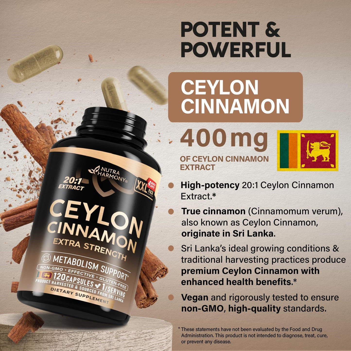 Ceylon Cinnamon Capsules - Extra Strength - Energy, Heart & Metabolism Support - for Men & Women - Pure Natural Extract 20:1 Supplement - Made in USA - NUTRAHARMONY