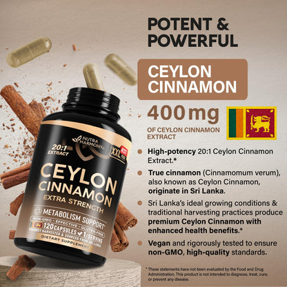 Ceylon Cinnamon Capsules - Extra Strength - Energy, Heart & Metabolism Support - for Men & Women - Pure Natural Extract 20:1 Supplement - Made in USA - NUTRAHARMONY