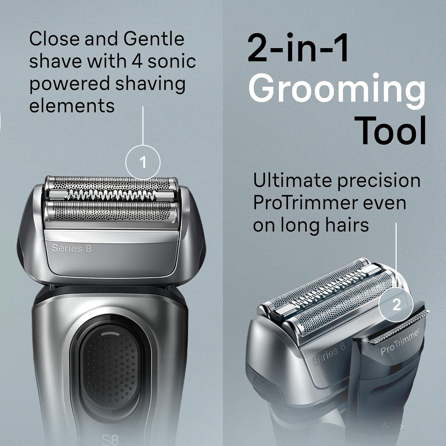 Braun Series 8 Electric Razor for Men, with 4+1 Shaving Elements & Precision Long Hair Trimmer, Close & Gentle Even on Dense Beards, Wet & Dry Electric Razor with 60min Runtime, 8517s Galvano Silver Gsupps Australia