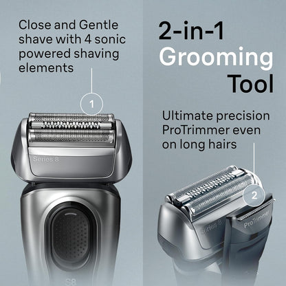 Braun Series 8 Electric Razor for Men, with 4+1 Shaving Elements & Precision Long Hair Trimmer, Close & Gentle Even on Dense Beards, Wet & Dry Electric Razor with 60min Runtime, 8517s Galvano Silver Gsupps Australia