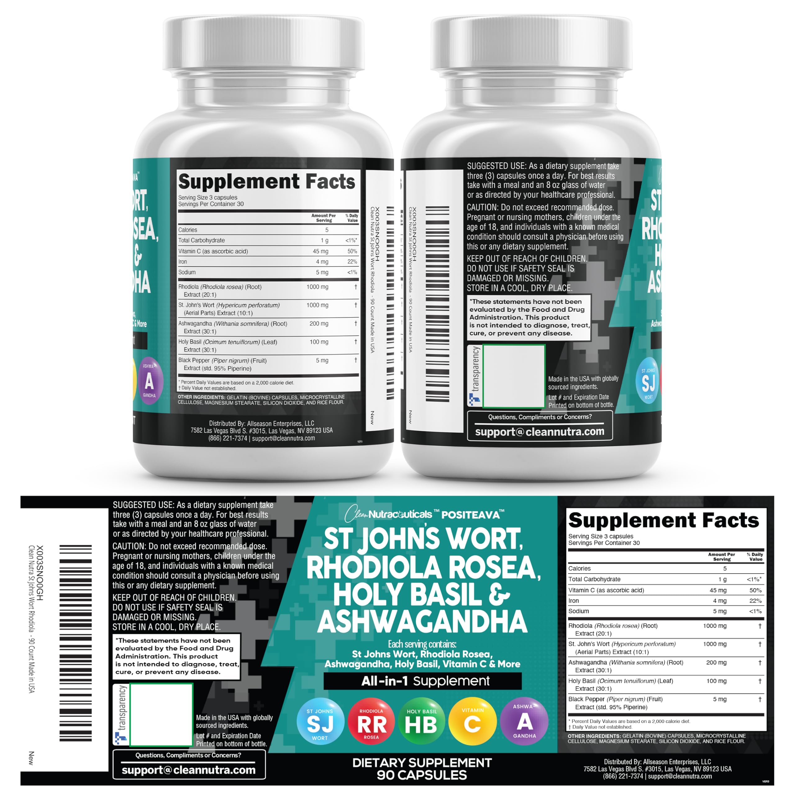 Clean Nutraceuticals St Johns Wort Rhodiola Rosea Holy Basil Ashwagandha - Mood Support for Women and Men with Vitamin C & Black Pepper Extract - 90 Caps Clean Nutraceuticals buy australia supplements