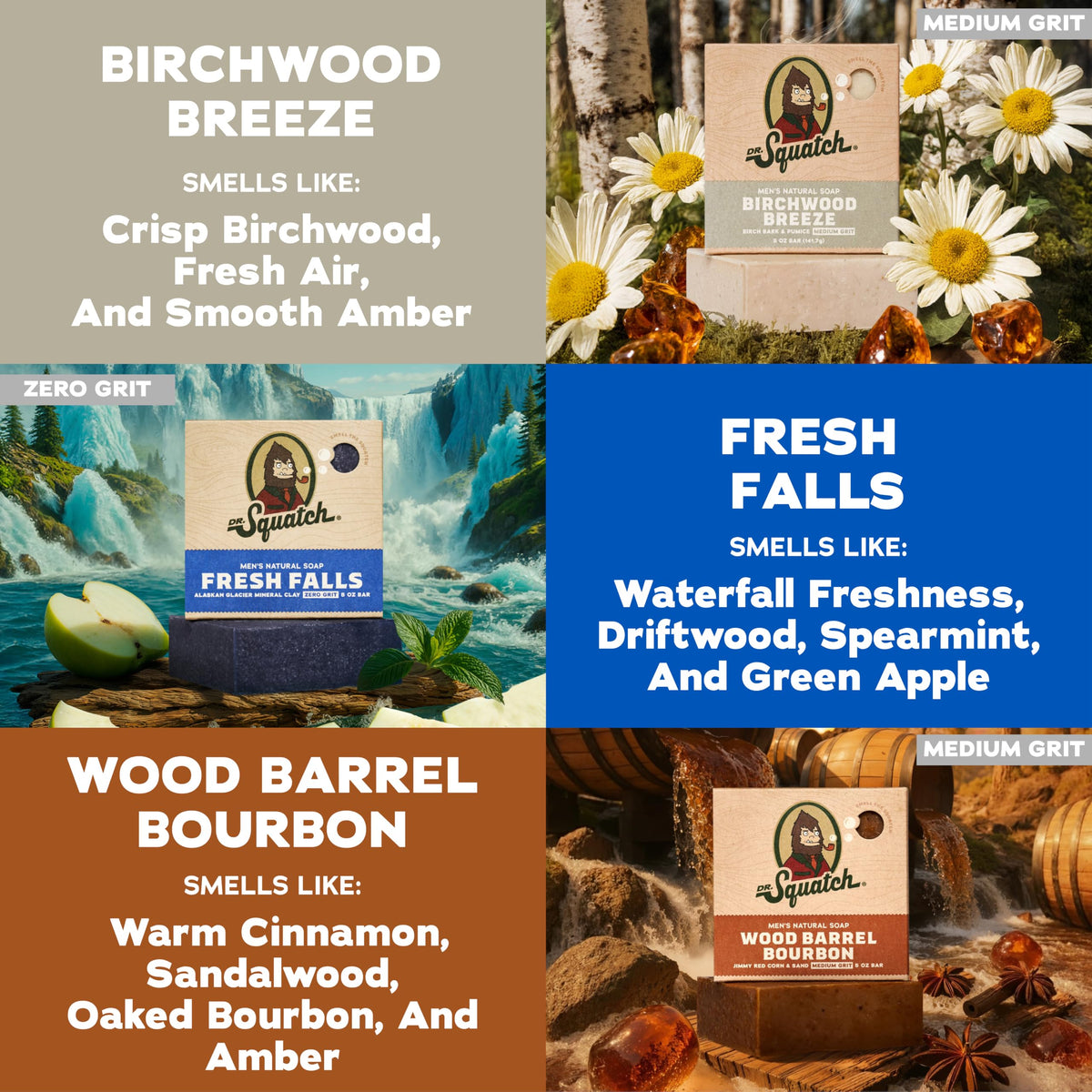 Dr. Squatch Natural Men’s Bar Soap - Cold Process Body Soap Bar with Natural Oils - Gifts for Men - Birchwood Breeze, Fresh Falls & Wood Barrel Bourbon (5 oz, 3-Pack) Dr. Squatch