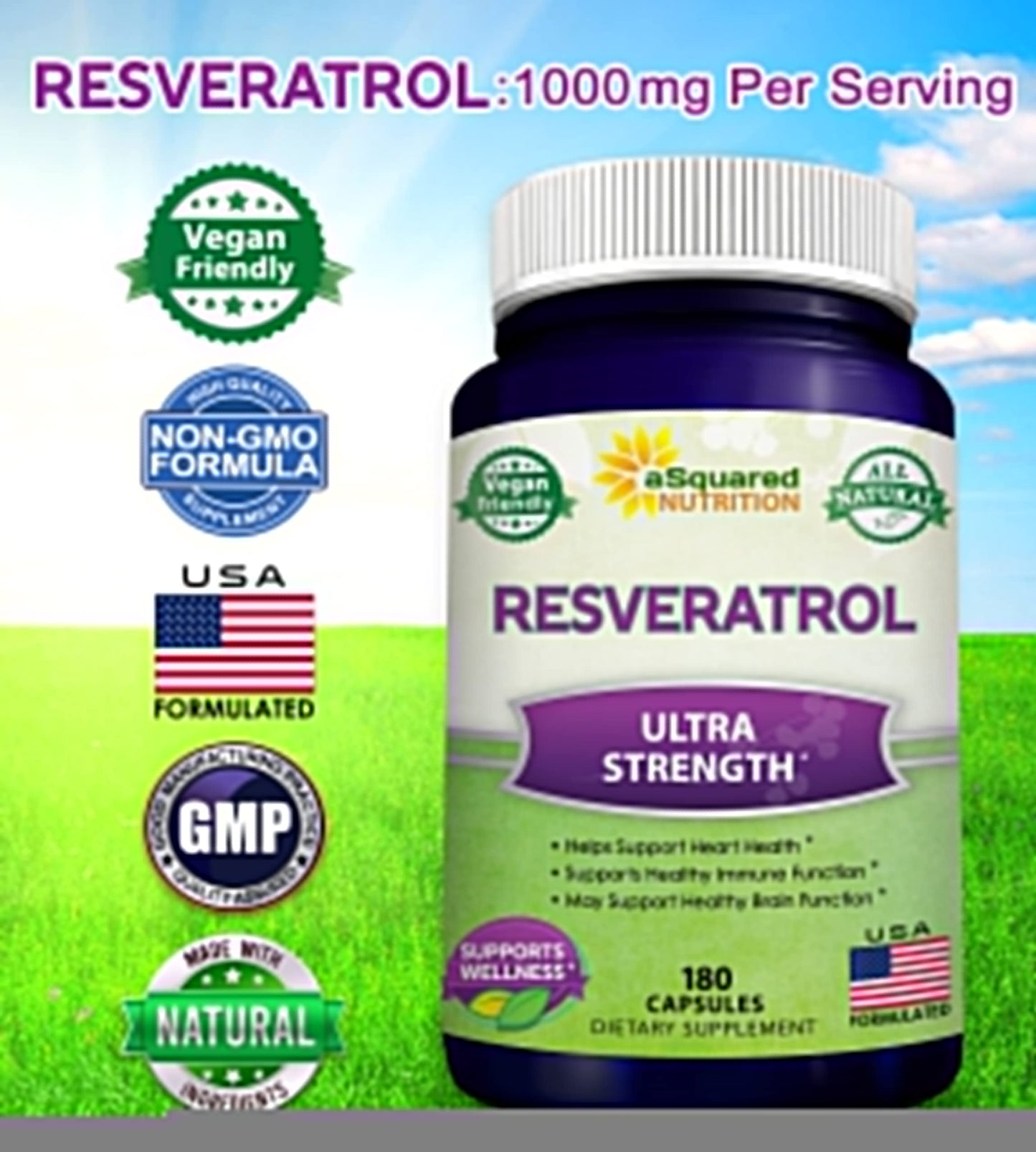 100% Natural Resveratrol - 1000mg Per Serving Max Strength (180 Capsules) Antioxidant Supplement, Trans-Resveratrol Pills aSquared Nutrition