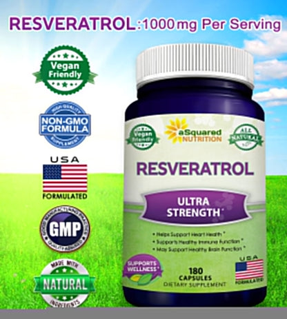 100% Natural Resveratrol - 1000mg Per Serving Max Strength (180 Capsules) Antioxidant Supplement, Trans-Resveratrol Pills aSquared Nutrition