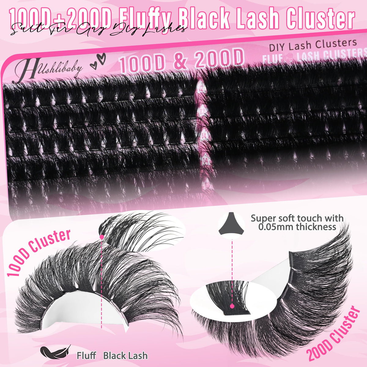 Lash Clusters 100D+200D Mega Thick Lashes Clusters 12-22mm Wispy Individual Thick Volume Lashes Cluster Eyelash Extensions 280Pcs DIY Lash Extension at Home, by Hushlibaby(Plant Fiber) Hushlibaby