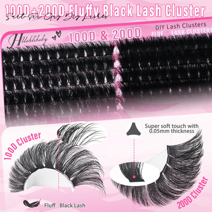 Lash Clusters 100D+200D Mega Thick Lashes Clusters 12-22mm Wispy Individual Thick Volume Lashes Cluster Eyelash Extensions 280Pcs DIY Lash Extension at Home, by Hushlibaby(Plant Fiber) Hushlibaby