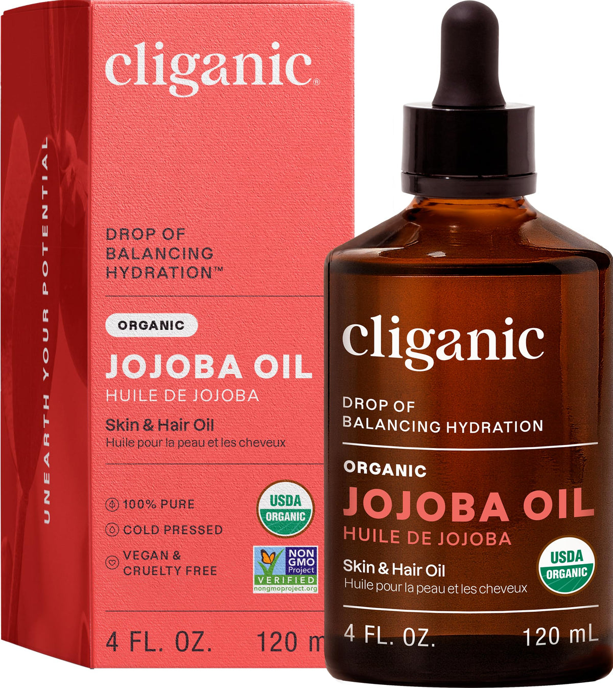 Cliganic Organic Jojoba Oil, 100% Pure (4oz) | Moisturizing for Face, Hair, Skin & Nails | Natural Cold Pressed Hexane Free | Base Carrier Oil Cliganic