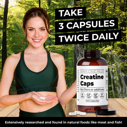 Santa Cruz Paleo Creatine Capsules, Supports Muscle Growth & Energy, Gluten Free, Keto, Sugar Free, Paleo, No Fillers or Additives, Creatine Monohydrate Pills, Santa Cruz Paleo