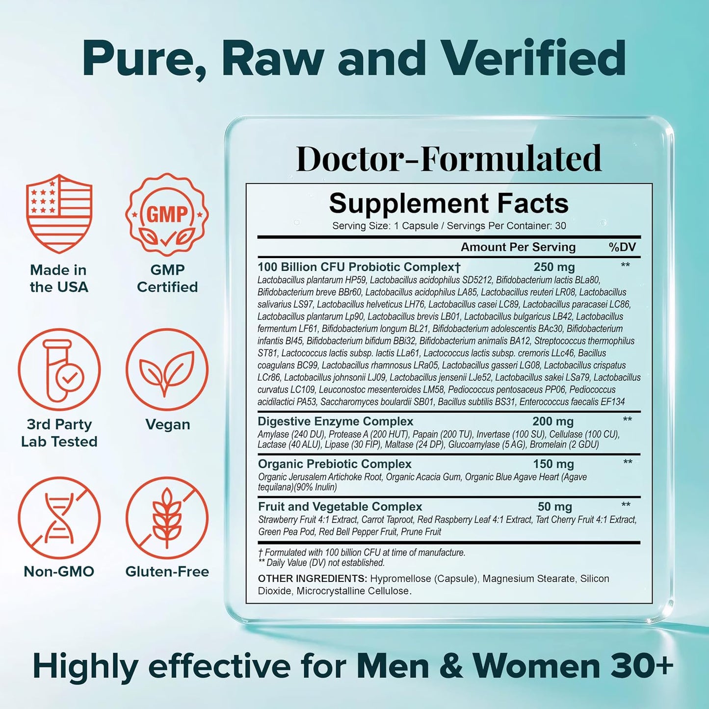Wholesome Wellness Organic Raw Probiotics 100 Billion CFU, Dr Formulated for Women and Men, Complete Adult Supplement with Prebiotics and Digestive Enzymes; 30 Capsules, Shelf Stable Gsupps Australia