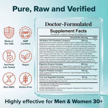 Wholesome Wellness Organic Raw Probiotics 100 Billion CFU, Dr Formulated for Women and Men, Complete Adult Supplement with Prebiotics and Digestive Enzymes; 30 Capsules, Shelf Stable Gsupps Australia
