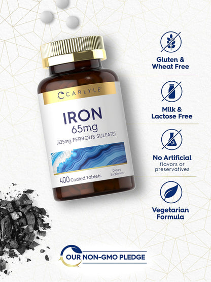 Carlyle Iron Ferrous Sulfate 325mg, 65 mg | 400 Tablets | Non-GMO, Gluten Free, and Vegetarian Supplement | High Potency Carlyle
