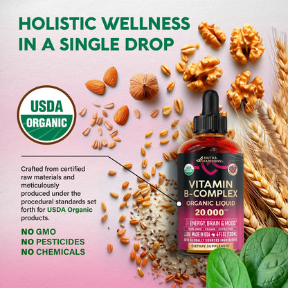 USDA Organic Vitamin B-Complex B5 Pantothenic Acid | B12 Methylcobalamin | B1 Thiamine | B6 Pyridoxine | B7 Biotin | B9 Folic | B3 Niacinamide NUTRAHARMONY