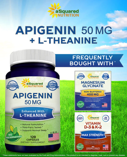 aSquared Nutrition Apigenin 50mg & L-Theanine 200mg - 120 Capsules - Apigenin Supplement Pills for Sleep and Relaxation aSquared Nutrition