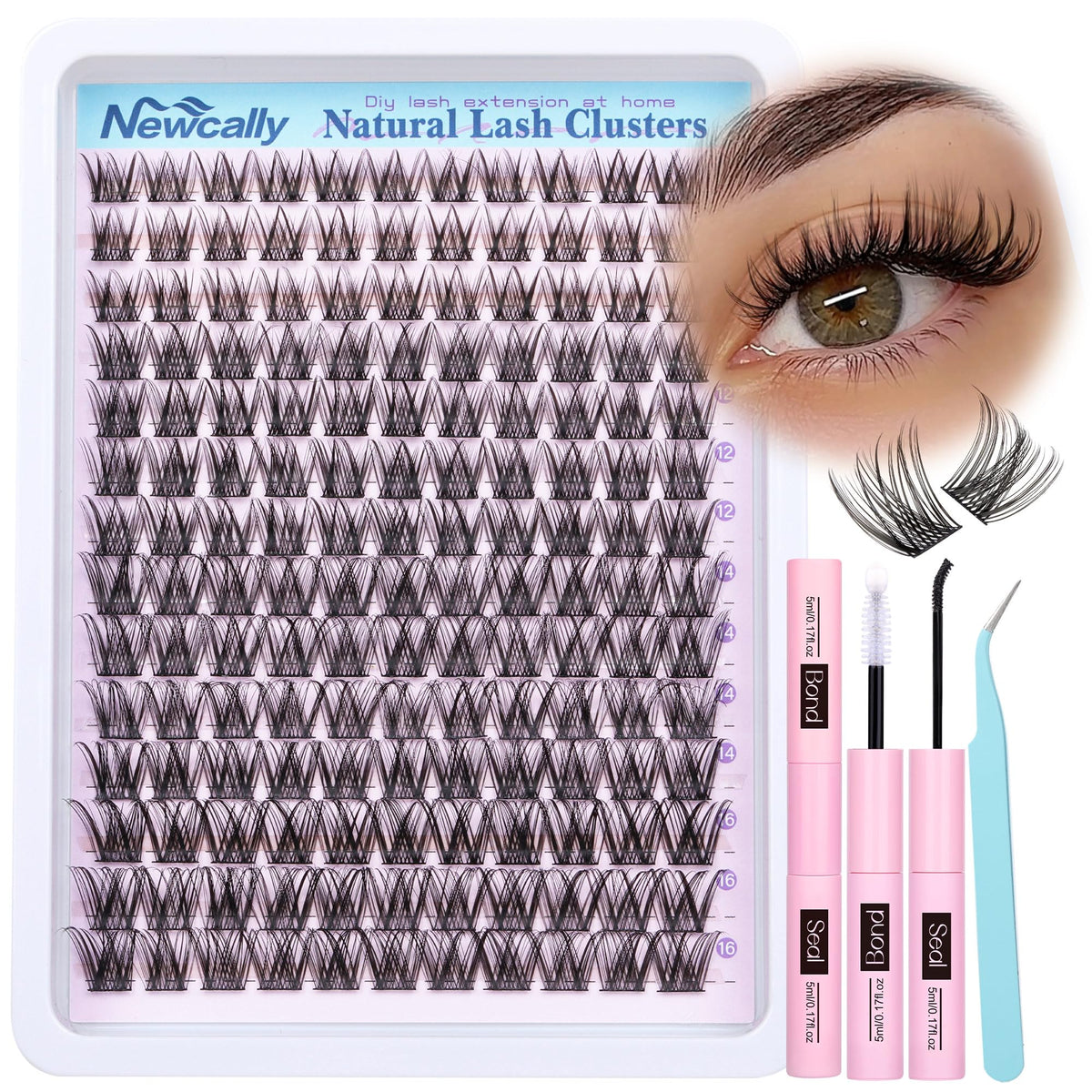 Lash Clusters Kit Wispy Natural Cluster Eyelash Extension Kit DIY Lash Extension Kit C-curly 10-16MM Eyelash Clusters Volume Individual Lashes Kit by Newcally Newcally