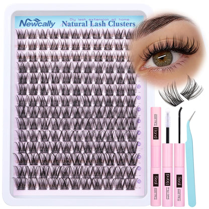 Lash Clusters Kit Wispy Natural Cluster Eyelash Extension Kit DIY Lash Extension Kit C-curly 10-16MM Eyelash Clusters Volume Individual Lashes Kit by Newcally Newcally