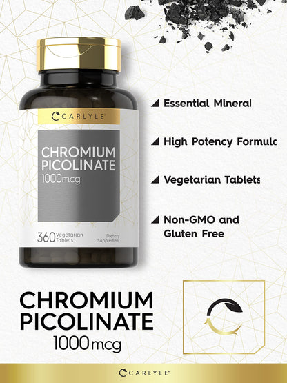 Carlyle Ultra Chromium Picolinate 1000mcg | 360 Tablets | Vegetarian, Non-GMO, Gluten Free Carlyle
