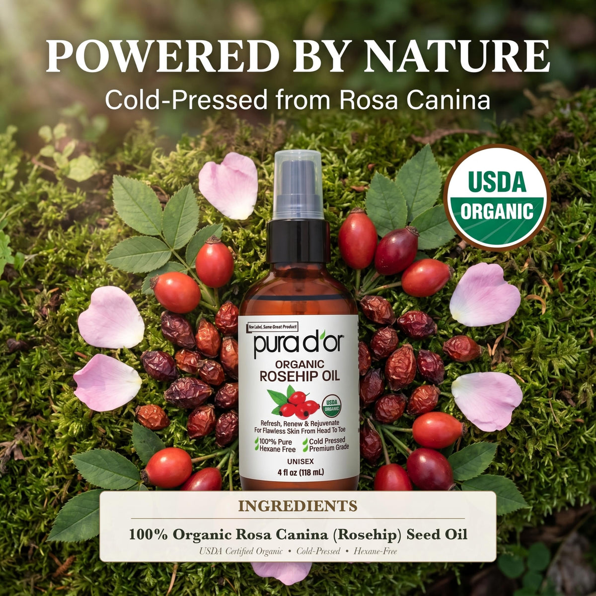 PURA D'OR ORGANIC Rosehip Seed Oil Pure Cold-Pressed for Face, 4oz PURA D'OR