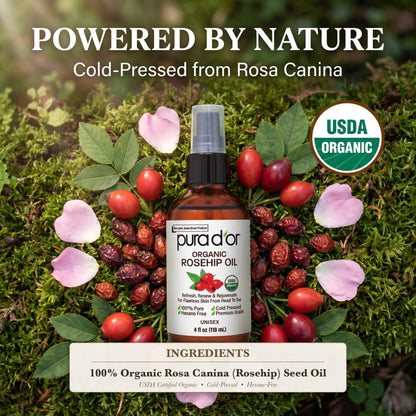 PURA D'OR ORGANIC Rosehip Seed Oil Pure Cold-Pressed for Face, 4oz PURA D'OR