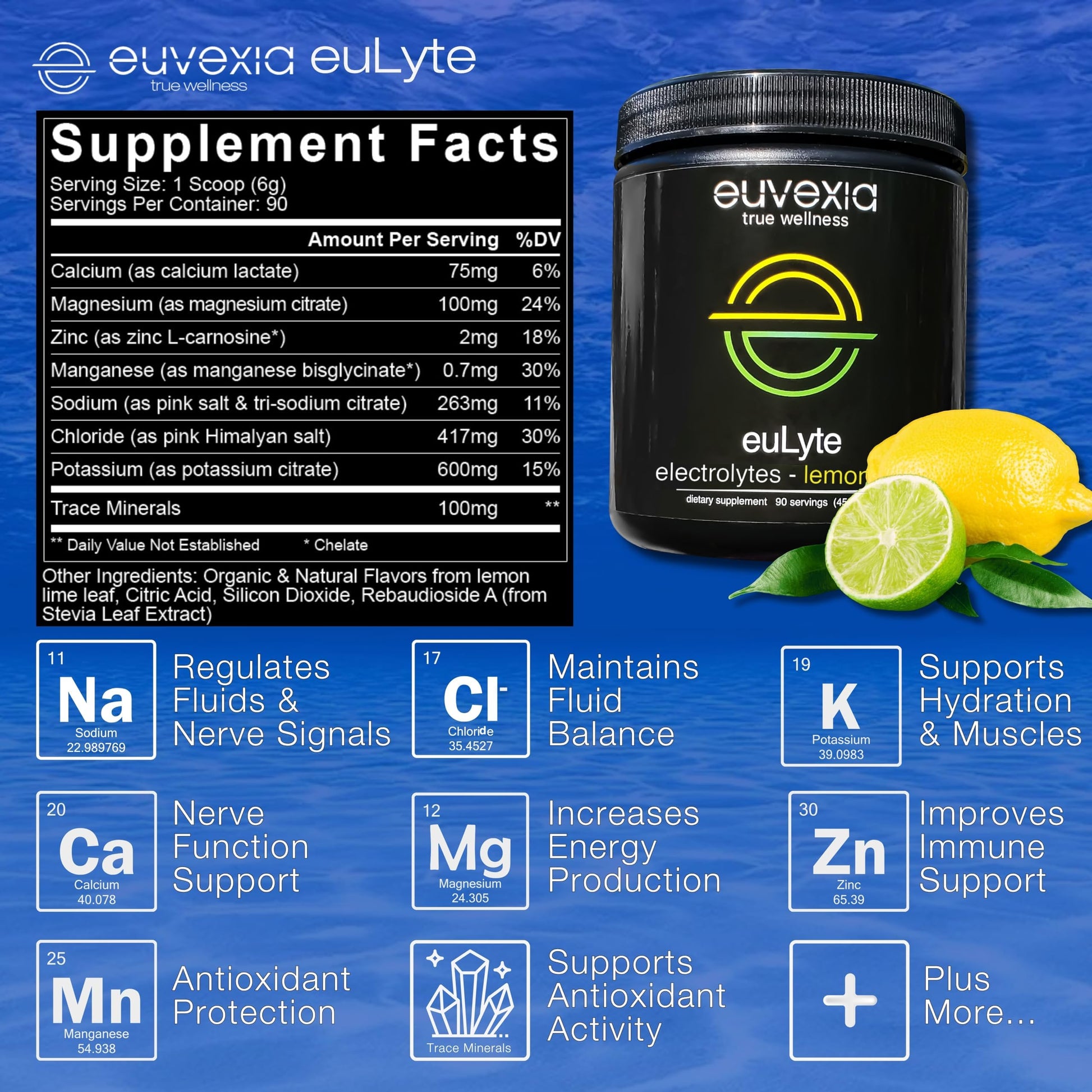 Dr Ekberg euLyte Instant Hydration Electrolytes Powder Zero Sugar Carb Calorie Lemon Lime Drink Mix • 80+ Minerals Magnesium Potassium Calcium Trace Minerals Euvexia buy australia supplements