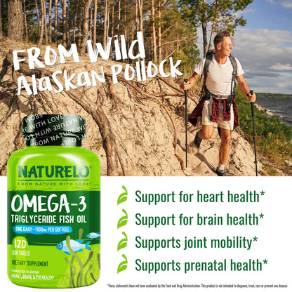 NATURELO Burpless Omega 3 Fish Oil Supplement - 1100mg Triglyceride Omega-3, EPA + DHA, Liquid Fish Oil for Heart, Eye, Brain, Joint Health NATURELO