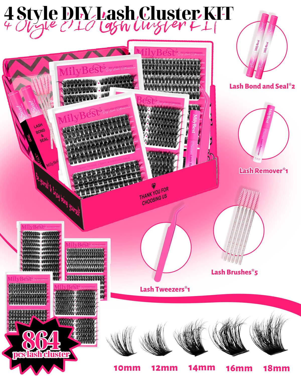 MilyBest 4 Styles Lash Clusters Kit, 864 Pcs D Curl Volume Lashes MilyBest