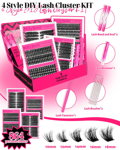 MilyBest 4 Styles Lash Clusters Kit, 864 Pcs D Curl Volume Lashes MilyBest