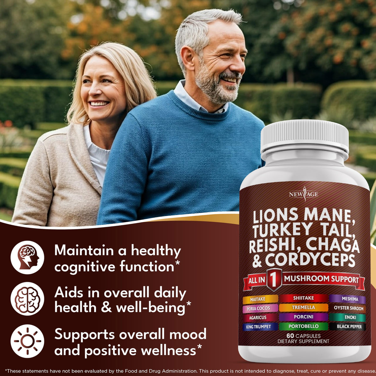 NEW AGE Lions Mane Mushroom Supplement with Turkey Tail Reishi Cordyceps Chaga with Marshmallow Root - 120 Count NEW AGE