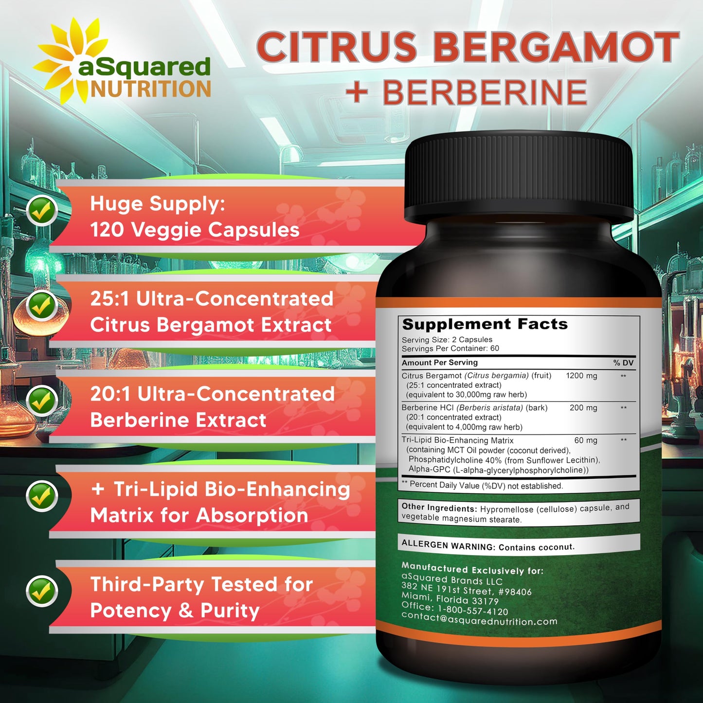 aSquared Nutrition Citrus Bergamot with Berberine Supplement - 1400mg Per Serving Max Strength Complex - 120 Capsules - Supports Cardiovascular Health aSquared Nutrition