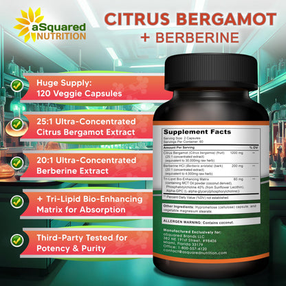 aSquared Nutrition Citrus Bergamot with Berberine Supplement - 1400mg Per Serving Max Strength Complex - 120 Capsules - Supports Cardiovascular Health aSquared Nutrition