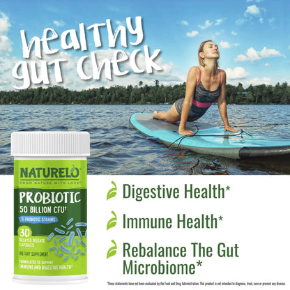 NATURELO Probiotics for Digestive Health, 50 Billion CFU, 30 Vegetarian Capsules, 11 Strains, Daily Use Supplement, Delayed Release, No-Fridge, Helps Boost Immune System, NATURELO