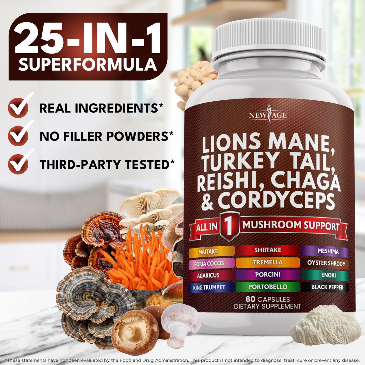 NEW AGE Lions Mane Mushroom Supplement with Turkey Tail Reishi Cordyceps Chaga with Marshmallow Root - 120 Count NEW AGE