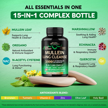 Mullein Lung Detox - Mullein Leaf Extract - Marshmallow Root | Echinacea | Oregano | Quercetin | NAC - 15-in-1 Lung Support & Cleanse for Smokers Supplement NUTRAHARMONY